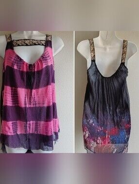 Free People Reversible Boho Mixed Print Strappy Tank Top Black Pink Tie Dye XS